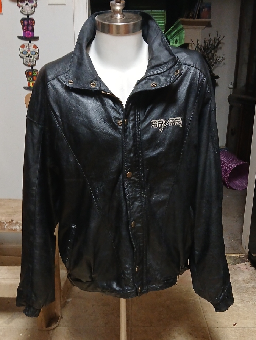 STARTER Black Leather Bomber Jacket with Spurs Embroidery,sz.Ln